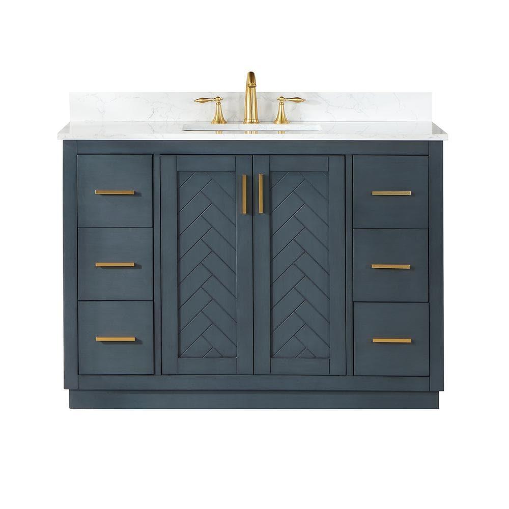 Gazsi 48" Single Bathroom Vanity Set in Charcoal Blue with Grain White Composite Stone Countertop without Mirror
