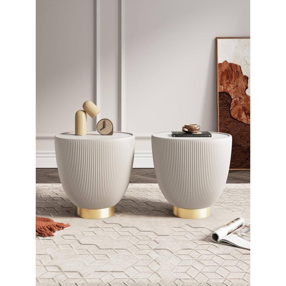 Manhattan Comfort Set of 2 Anderson Leatherette End Tables with Faux Marble Tabletop Cream: Round, No Assembly, Modern Style