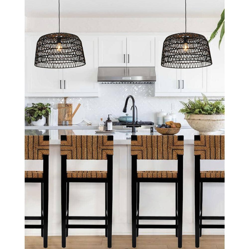 Creative Co-Op Open Weave Metal and Paper Rope Ceiling Light, Black