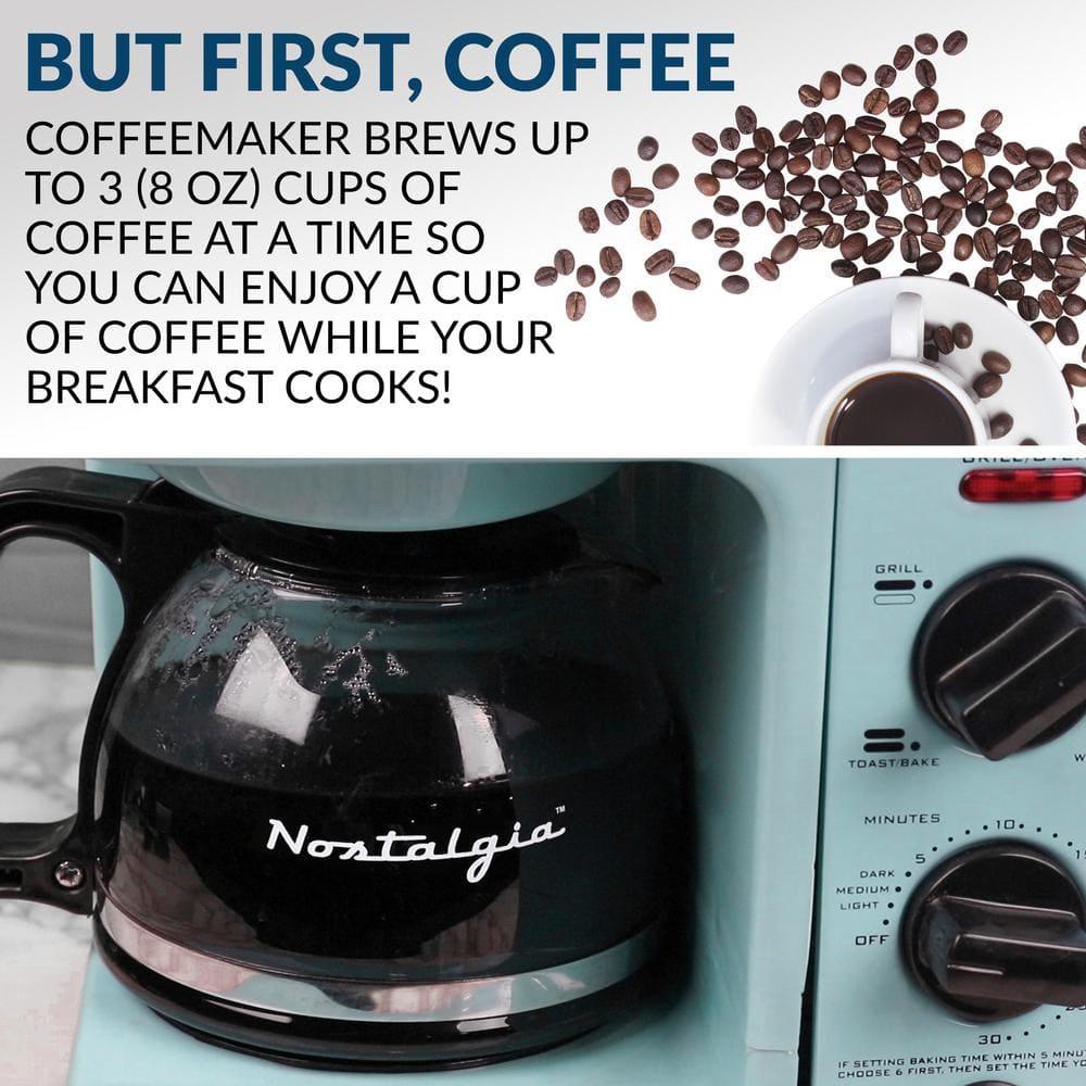 Nostalgia Retro 3-in-1 Family Size Electric Breakfast Station, Coffeemaker, Griddle, Toaster Oven, Aqua