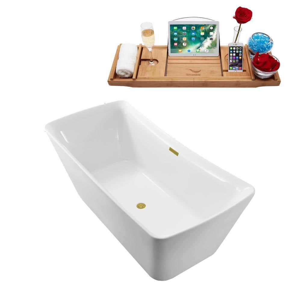 59" Streamline Freestanding Soaking Acrylic Bathtub With Drain and Bamboo Tray