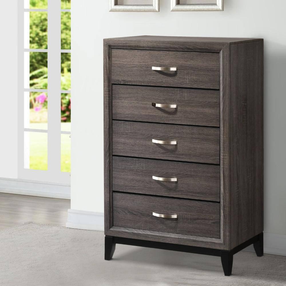 Benjara Chest with 5 Storage Drawers and Grain Details, Gray