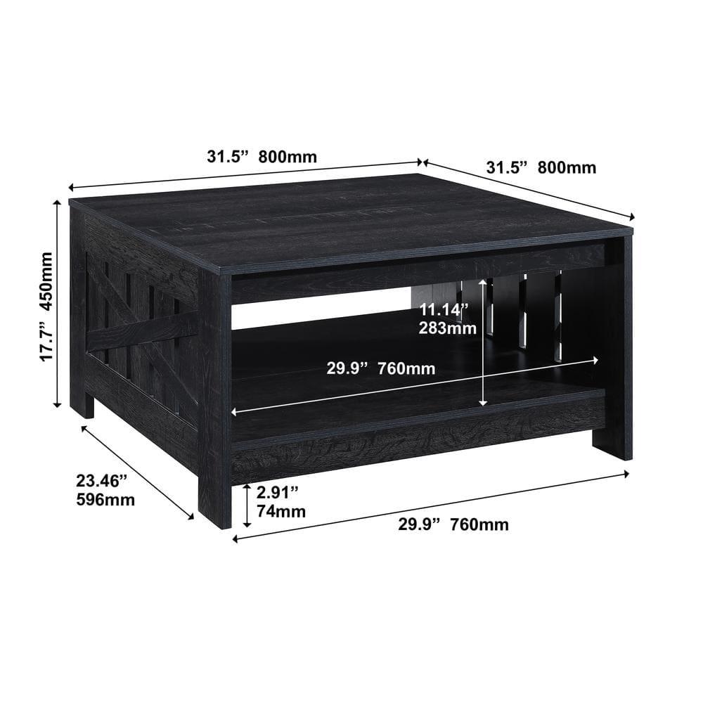 AndMakers 31.5 in. Farmhouse Black Oak Square Coffee Table with Open Storage for Living Room