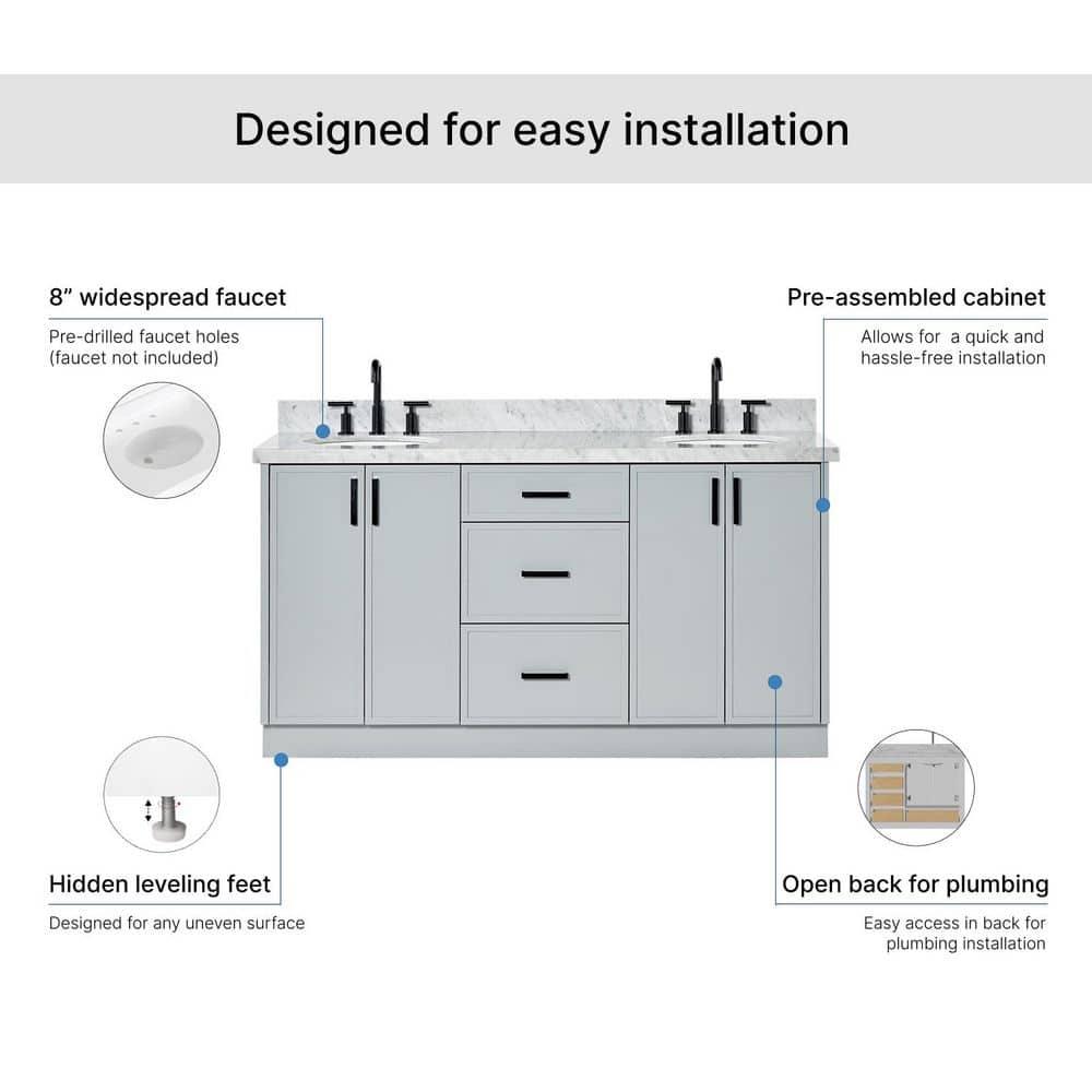 Ariel Kellie 67 Inch Double Oval Sink Bathroom Vanity With Italian Carrara Marble Countertop