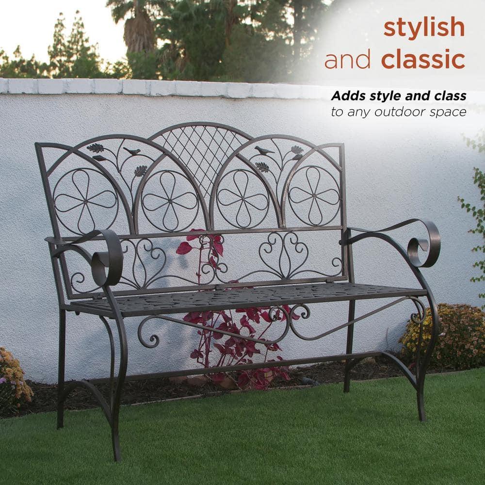 38" x 45" Iron Birds and Leaves Outdoor Garden Bench Brown - Alpine Corporation: Weatherproof, Decorative Yard Seating