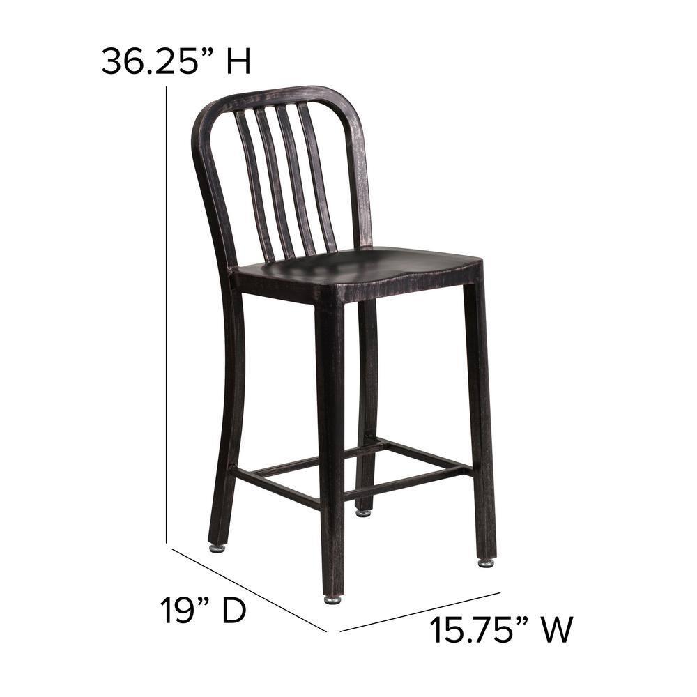 Flash Furniture Commercial Grade 24" High Black-Antique Gold Metal Indoor-Outdoor Counter Height Stool with Vertical Slat Back