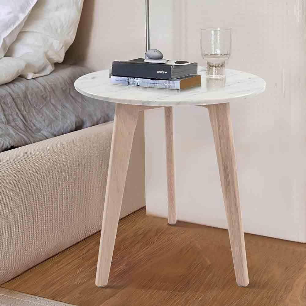 15 in. Cherie Round Italian Carrara White Marble Table with Oak Legs