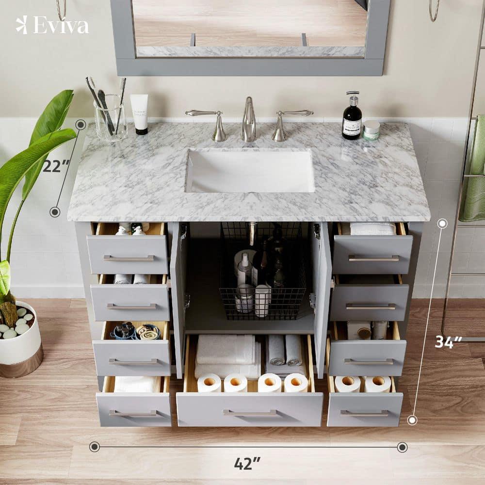 Eviva Aberdeen 42"W x 22"D Gray Bathroom Vanity with White Carrara Quartz Countertop and Undermount Porcelain Sink