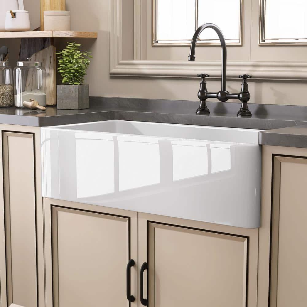 Pure 33 in. Workstation White Kitchen Sink Apron Front Fireclay Farmhouse Sink Single Bowl with Accessory Kit
