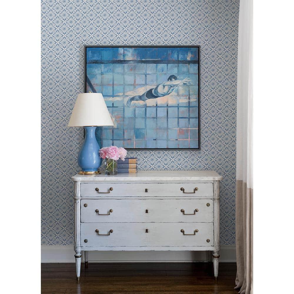 3122-10702 Hugson Quilted Damask Wallpaper with Embellished Diamond Shapes in Blue White Colors Farmhouse Style Prepasted Acrylic Coated Paper