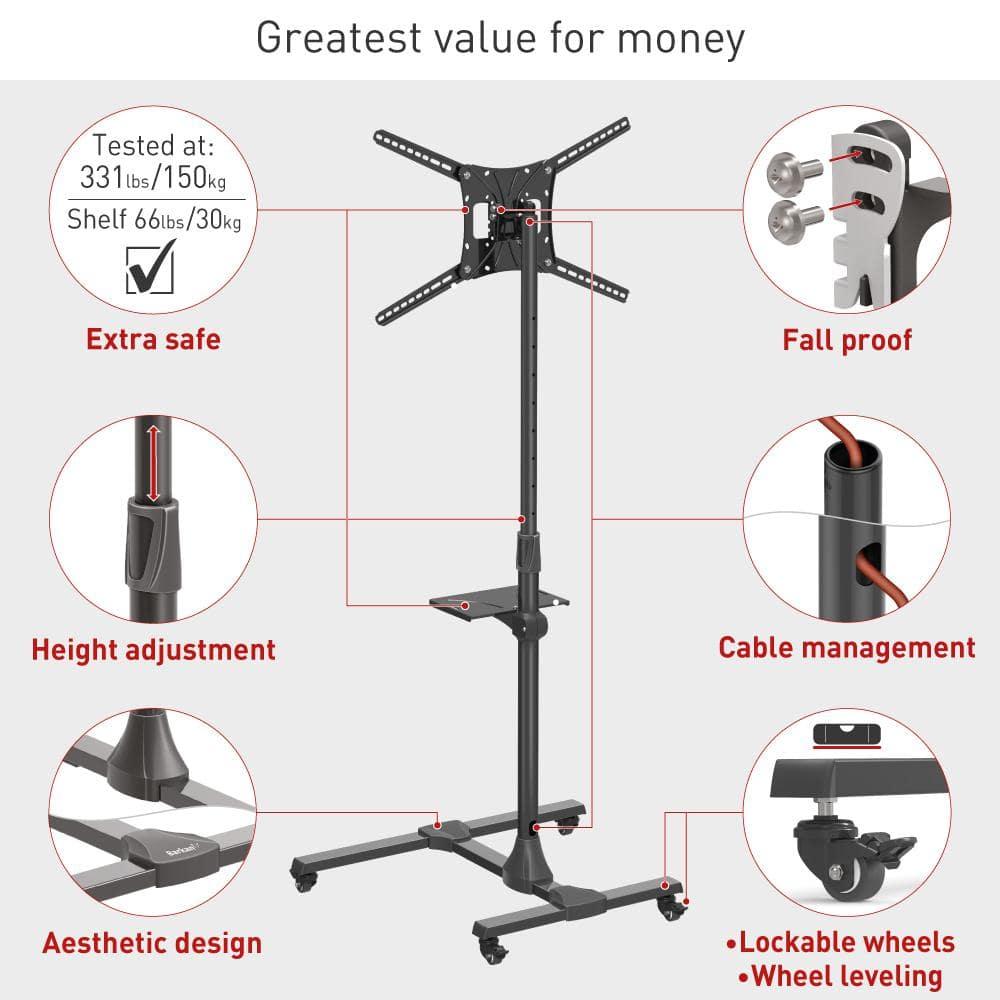 Barkan 13" - 83" Mobile TV Mount Cart with Metal Shelf, Tilt & Height Adjustment