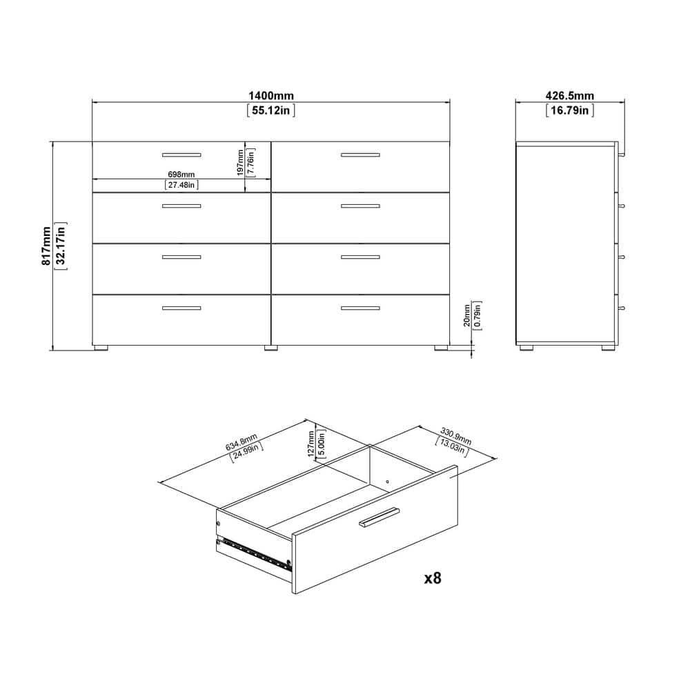 Tvilum Loft 8 Drawer Double Dresser for Adults, Oak Structure and White High Gloss