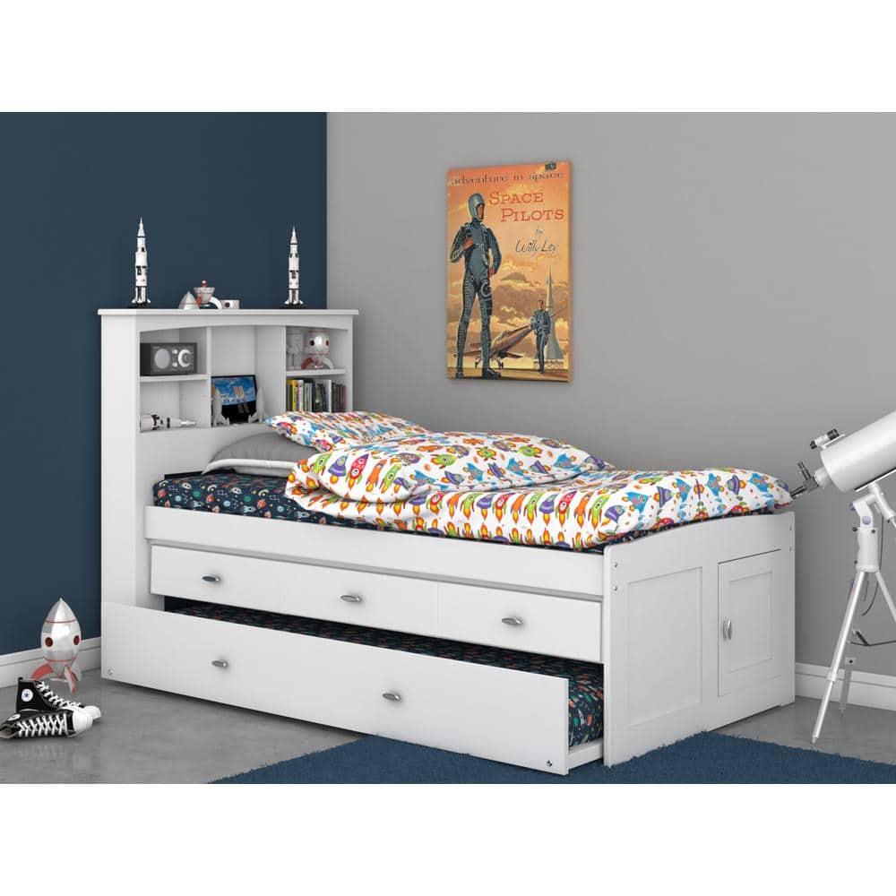 OS Home and Office Model 83220K3-22 Solid Pine Twin Captains Bookcase Bed with 3 drawers and a Twin Sized Trundle in Charcoal Gray