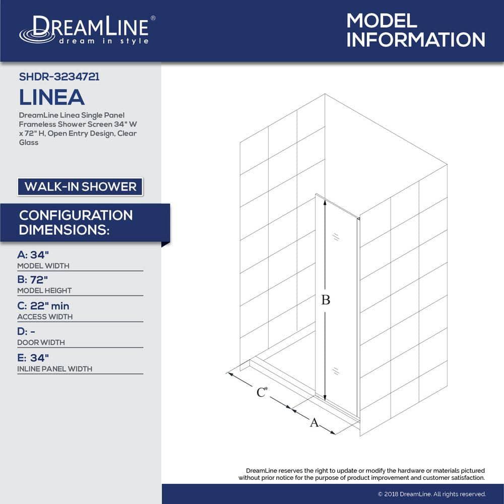 Linea 34" W x 72" H Frameless Fixed Glass Panel