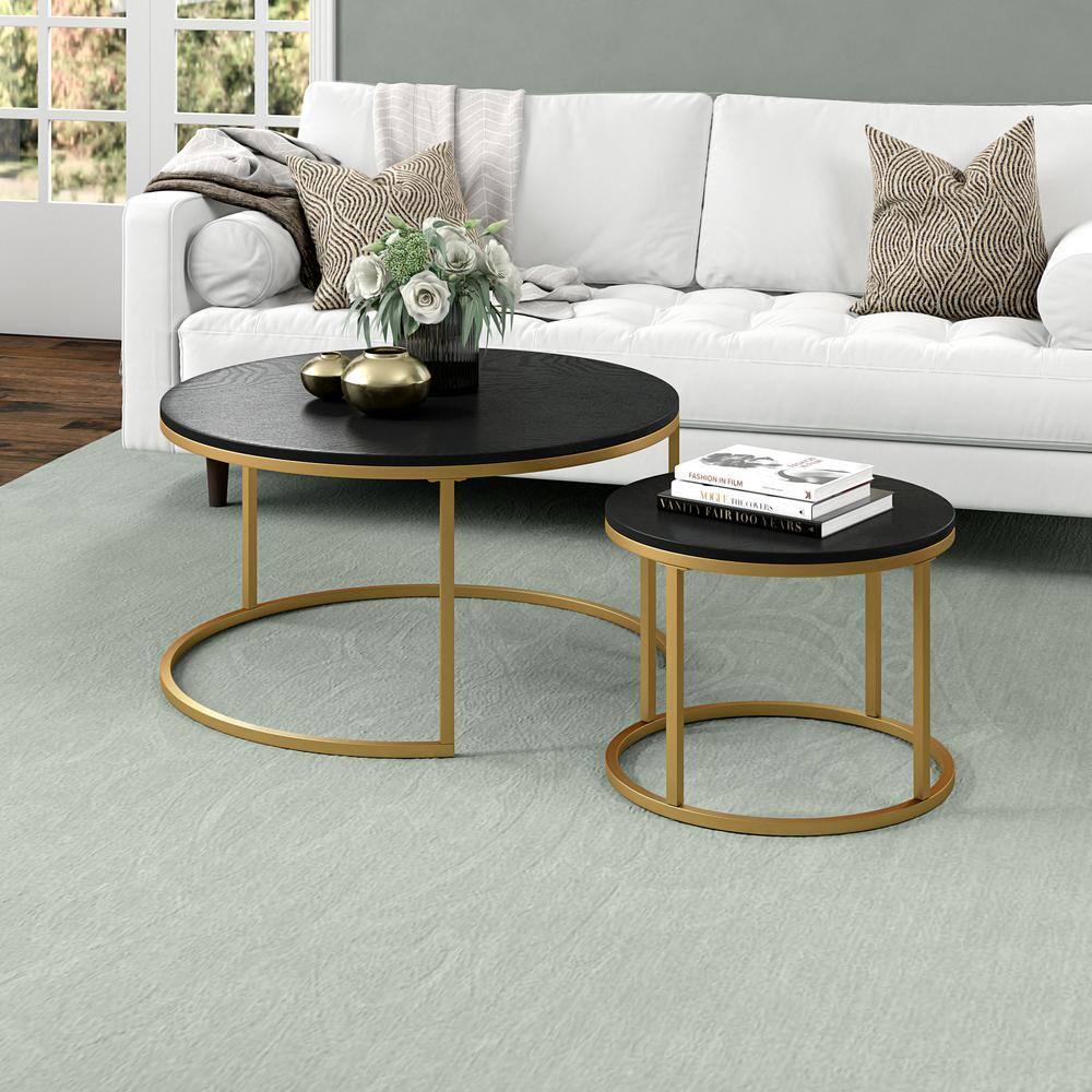 Evelyn&Zoe Watson Round Nested Coffee Table with MDF Top, Gold/Black Grain