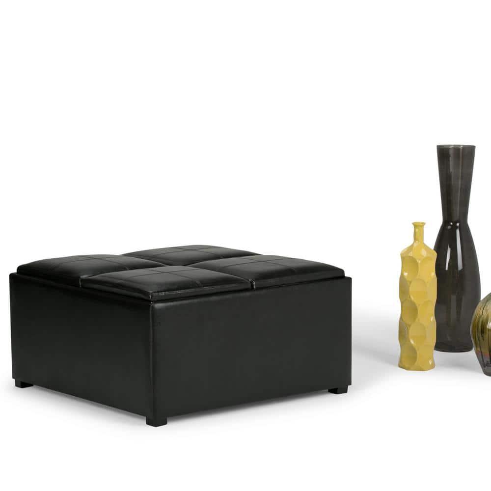 Simpli Home Avalon 35"W Upholstered Square Coffee Table Storage Ottoman with Flip-Over Trays