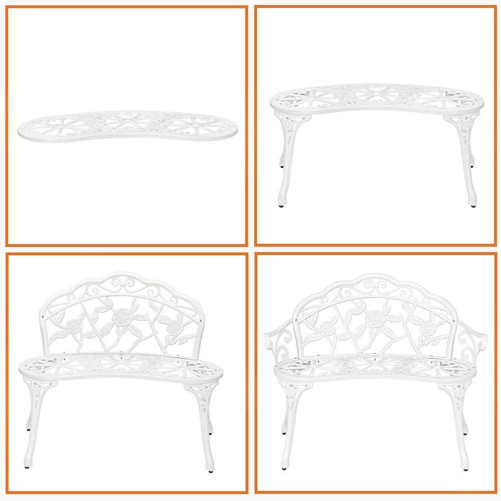 WANCQ 38.5" Patio Park Garden Outdoor Metal Rose Bench,Cast Iron Cast Aluminium Frame Antique Finish Chair,Accented Lawn Front Porch Path Yard Decor Deck Furniture for 2 Person Seat（White)