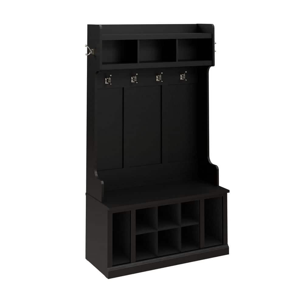 Bowery Hill 40" Engineered Wood Hall Tree and Shoe Bench w/ Shelves in Black Oak