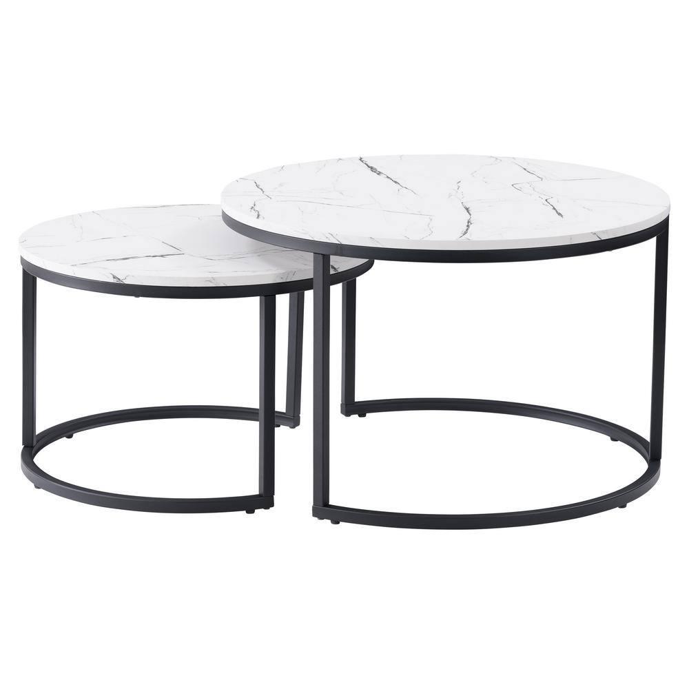 Set of 2 Marbled Finish Forth Worth Round Nesting Coffee Table White - CorLiving: Black Metal Legs, Accent Furniture