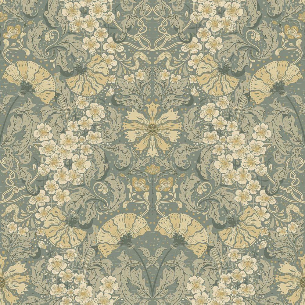 Ojvind Blue Sea Green Floral Ogee Paper Matte Non-Pasted Wallpaper Roll