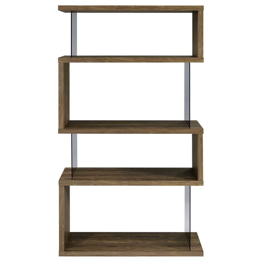 63" Emelle 4 Shelf Zig Zag Bookcase with Glass Panels Walnut - Coaster: Modern Laminated Storage Display