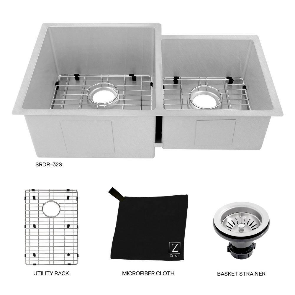 ZLINE 32 in. Jackson Undermount Double Bowl Satin Stainless Steel Kitchen Sink with Bottom Grid