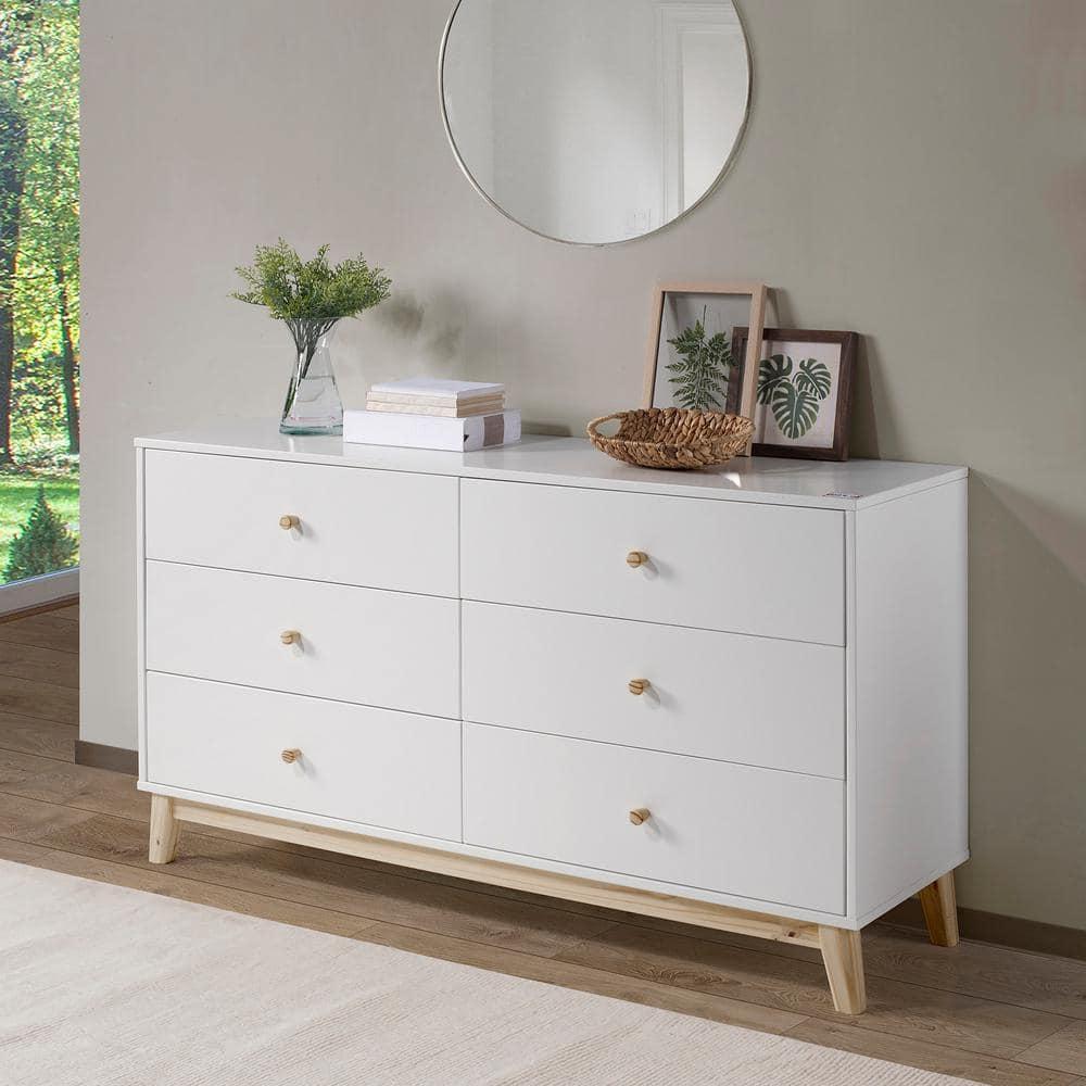 Alaterre Furniture MOD 60 in. Wood 6-Drawer Double Dresser, White, Bedroom Storage Furniture, Metal Drawers Glides, Wooden Drawer Knobs, Kids or Adults Rooms