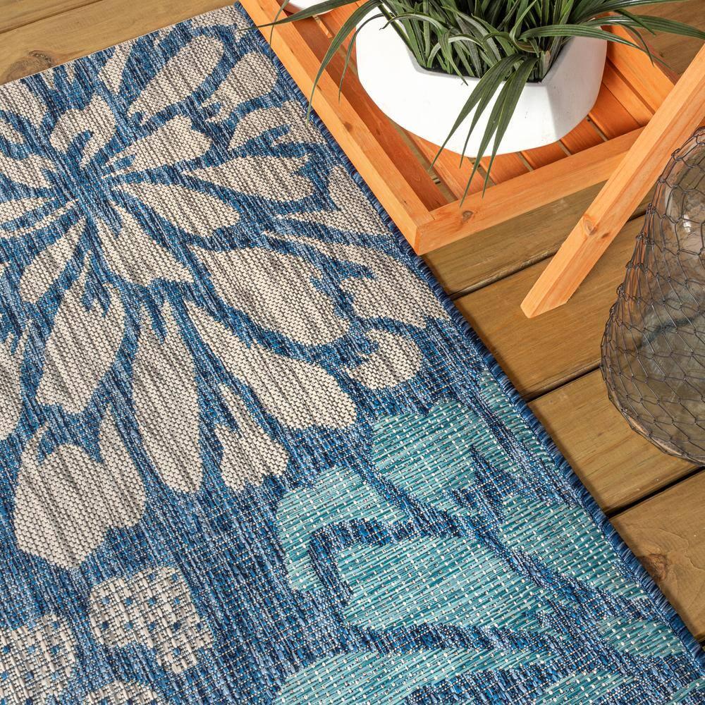 3'x5' Zinnia Modern Floral Textured Weave Indoor/Outdoor Area Rug, Navy/Aqua - JONATHAN Y