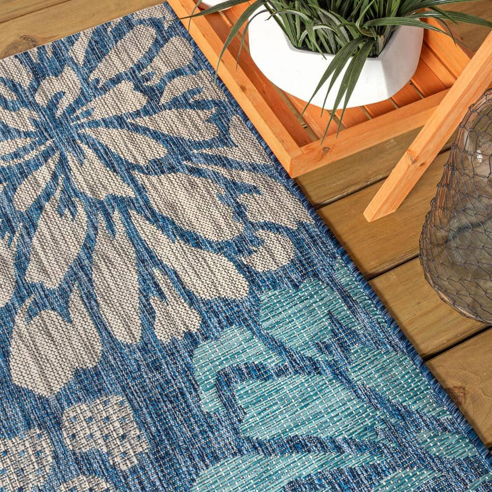 4'x6' Zinnia Modern Floral Textured Weave Indoor/Outdoor Area Rug, Navy/Aqua - JONATHAN Y