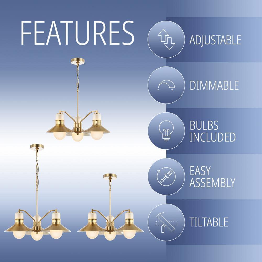 JONATHAN Y JYL6122A Colin 3-Light 22" Adjustable Iron/Glass Retro Hurricane LED Chandelier, Contemporary, Glam for living room, dinning room, bedroom, office Bulb Included, Brass Gold