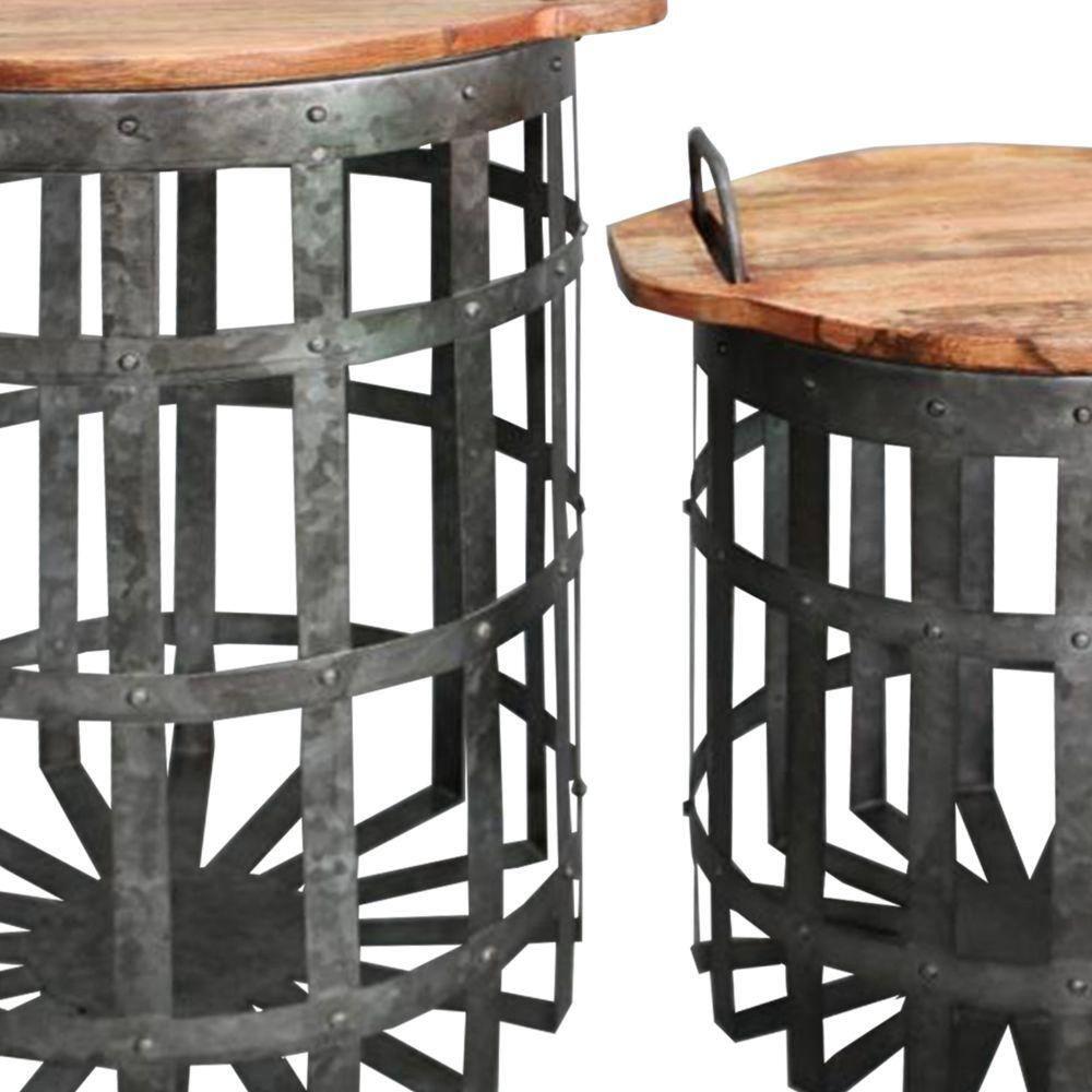 Benzara Set of 2 Industrial Grid Galvanized Accent End Table with Round Lid and Handles Accent Tables Gray/Brown