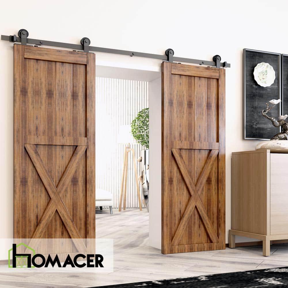 Homacer Black Rustic Sliding Barn Door Hardware Kit, for Two/Double Doors, 14ft Long Flat Track, T-Shape Design Roller, Heavy Duty, for Interior & Exterior Use