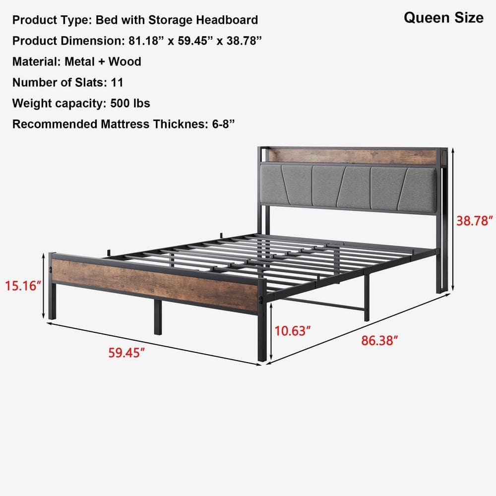 BTMWAY Queen Size Bed Frame for Kids, New Upgraded Metal Queen Platform Bed with Storage Headboard with Charging Station, Bedroom Metal Bed for Teens Adults, Holds 400lbs, No Box Spring Needed, Black