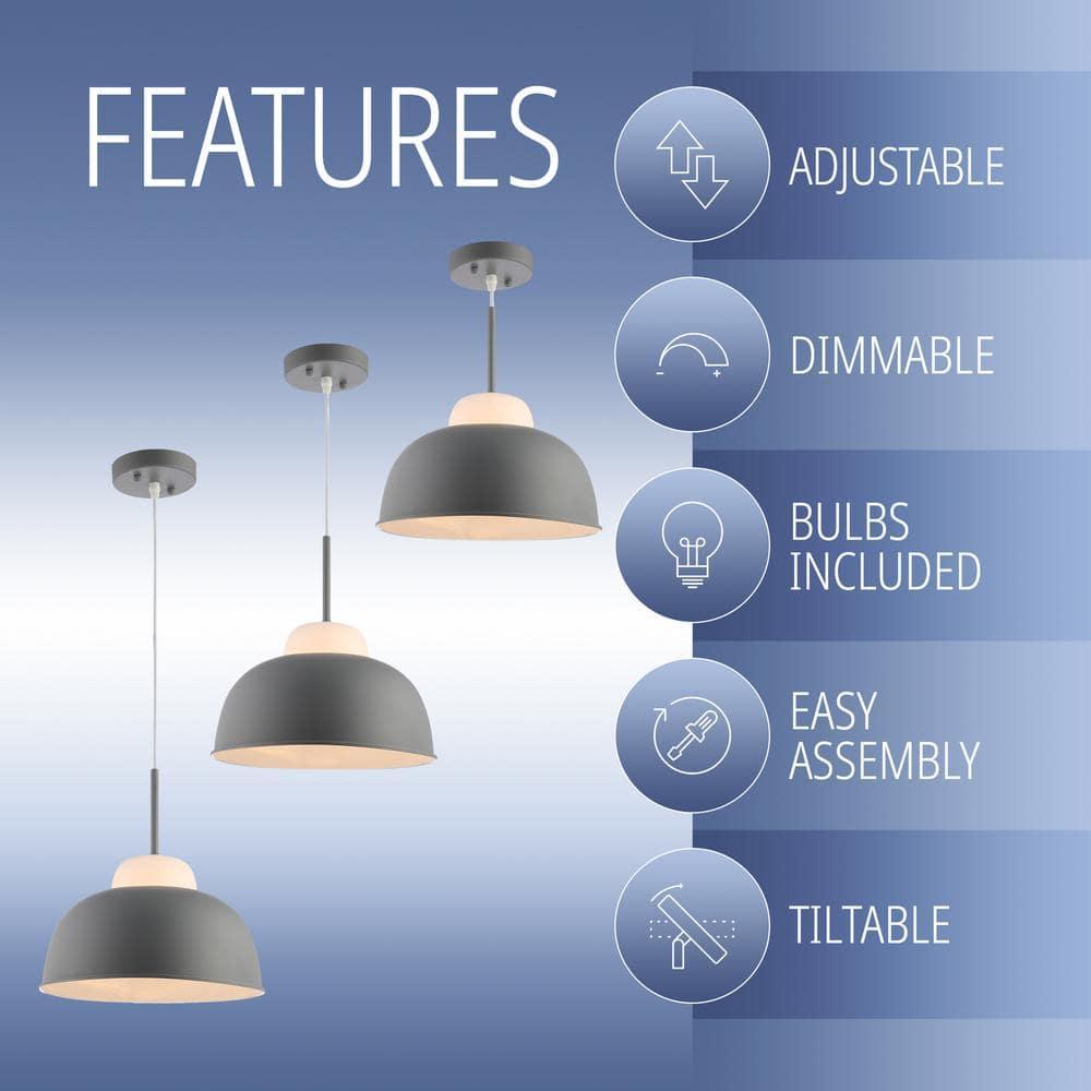 Simon 12" Adjustable Metal/Glass LED Pendant, Gray