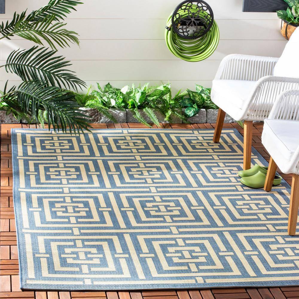 SAFAVIEH Courtyard Ariana Geometric Indoor/Outdoor Area Rug, 2'7" x 5', Blue/Bone