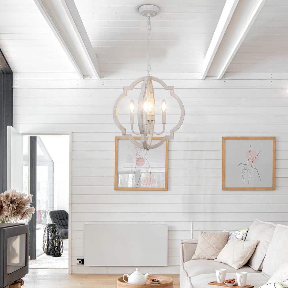Farmhouse Chandelier Rustic Orb Chandeliers for Dining Room White Wooden Pendant Lighting 4 Light Small French Country Hanging Light Fixtures for Kitchen Island Living Room Bedroom Entryway