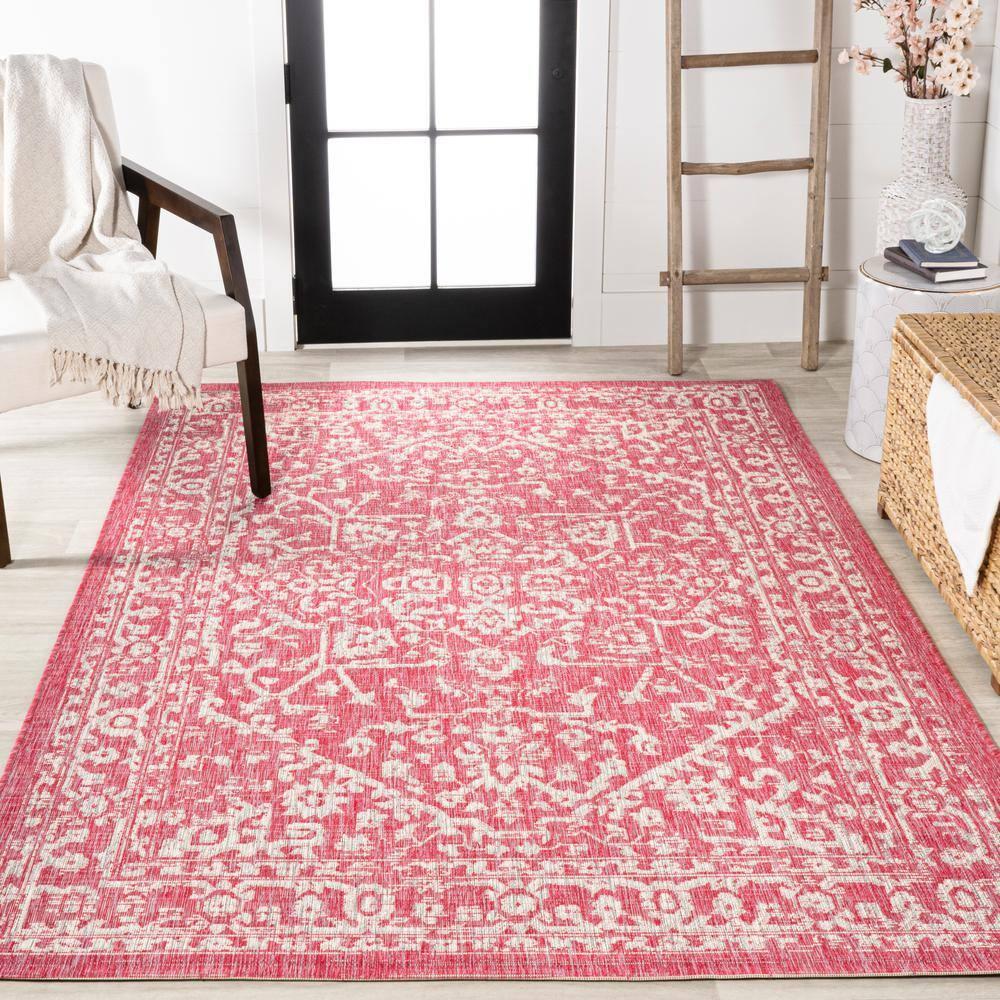 9' x 12' Malta Bohemian Medallion Textured Weave Indoor/Outdoor Area Rug, Fuchsia/Light Gray - JONATHAN Y