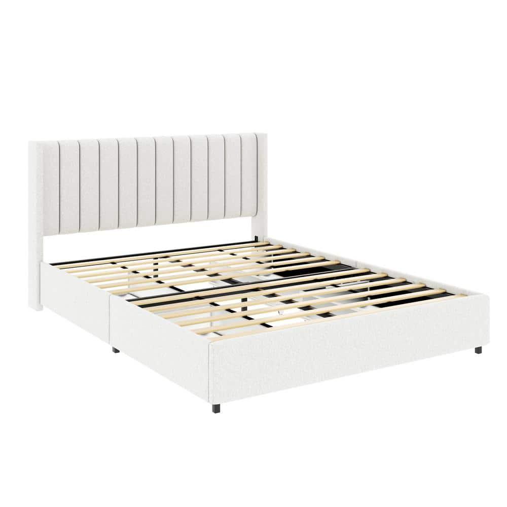 imerelez Anda Queen Size Ivory Boucle Upholstered Platform Bed with Patented 4 Drawers Storage, Tufted Headboard, Wooden Slat Mattress Support, No Box Spring Needed