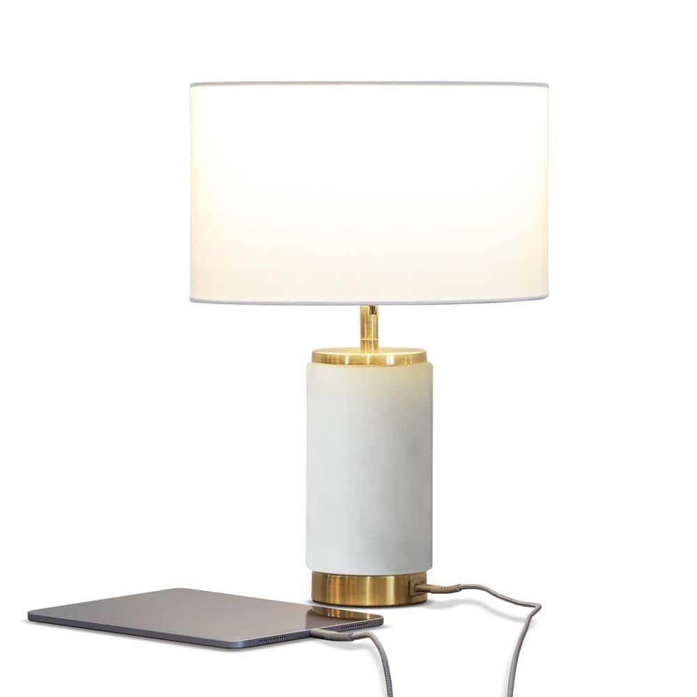 Brightech Arden 17 in. Mid-Century Modern LED Table Lamp with Fabric Drum Shade and USB Port