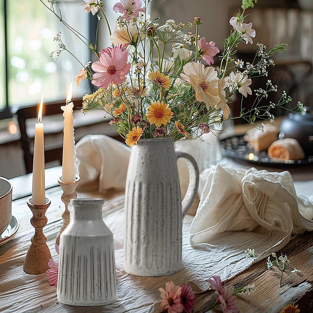 LuxenHome Vintage White Ribbed Terracotta Round Vase