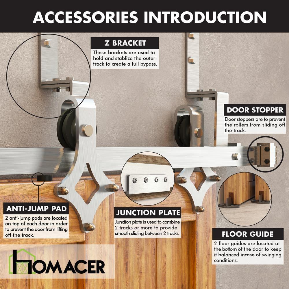 Homacer Brushed Nickel Double Track Z-Shape Bypass Sliding Barn Door Hardware Kit, for Two/Double Doors, 6ft Long Flat Track, Diamond Design Roller, Heavy Duty, for Interior Use