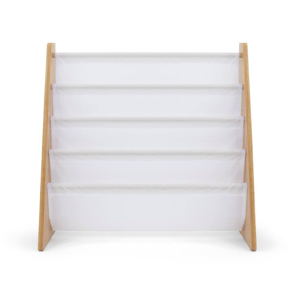 Humble Crew 4-Tier Kids Bookshelf, Natural Wood/White - Premium Book Shelf for Kids Rooms with Four Deep Pockets - Toddler Sling Book Rack with Deep Sleeves, Nursery Bookcase Organizer