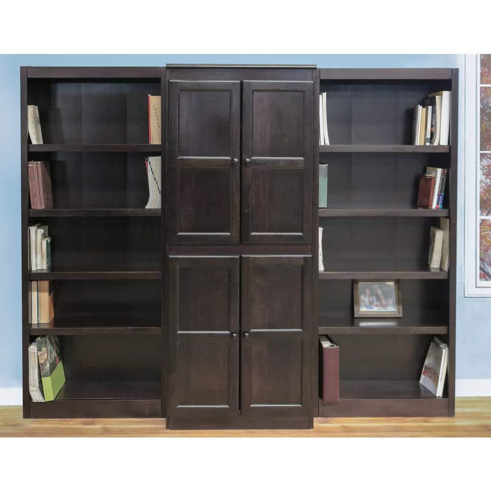 Concepts in Wood 15 Shelf Bookcase Wall with Doors, 72 inch Tall - Espresso Finish