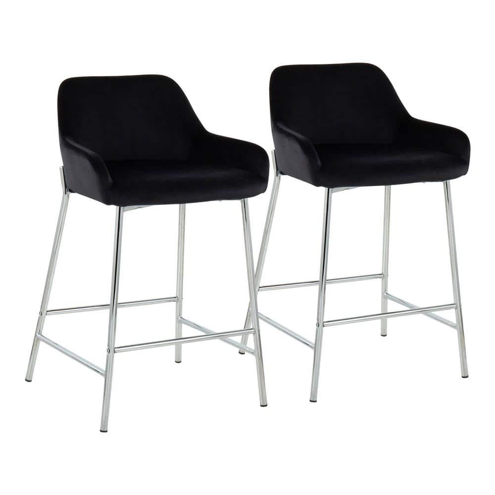 Set of 2 Daniella Metal/Velvet Counter Height Barstools Chrome/Black - LumiSource: Upholstered, Steel Legs, Foam Fill