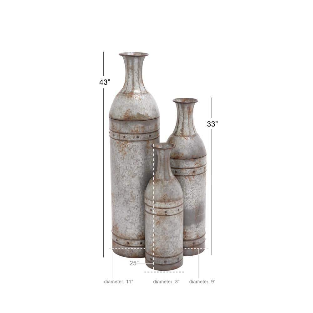DecMode Farmhouse Cylinder Shape Extra Large Silver Distressed Metal Floor Vases, Set of 3, 43", 33", 25"H