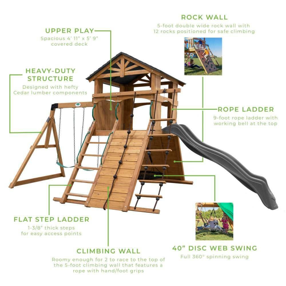 Backyard Discovery Endeavor Cedar Wood Swing Set, Slide, Play Deck, Rock Wall, Rope Ladder