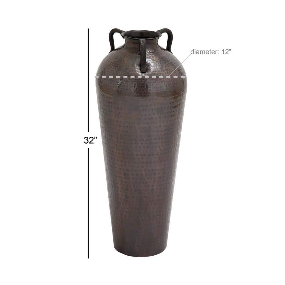 DecMode 32" Tall Floor Mediterranean Style Brown Metal Vase with Hammered Details and Handles