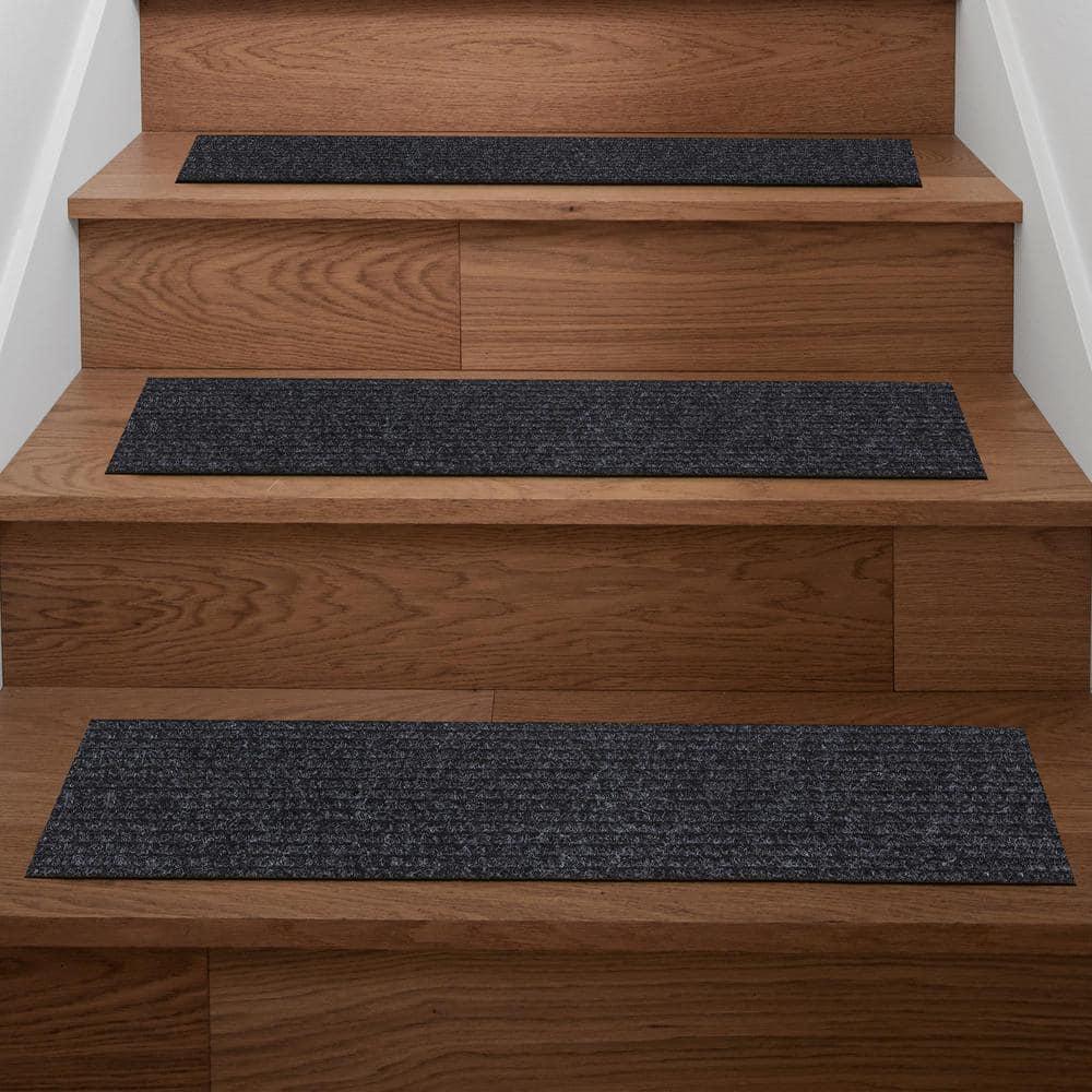 Ottomanson Non-Slip Rubberback Solid Design 8" x 30" Indoor/Outdoor Stair Treads, 7 Pack, Black
