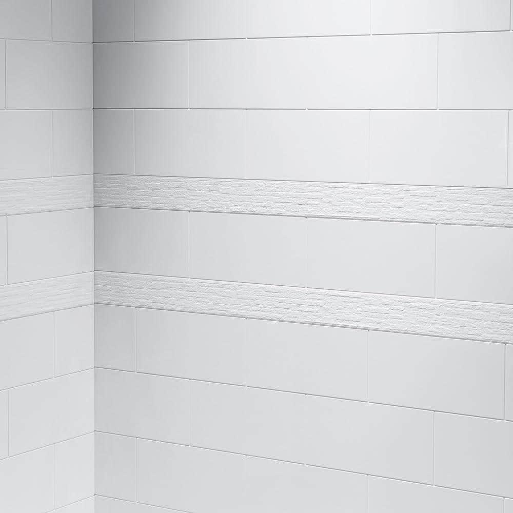 WoodBridge Solid Surface Shower Wall Panel Surround, High Gloss White Finish, Cuttable, Two Installation Methods (Screw Mounting or Glue-Up Design)