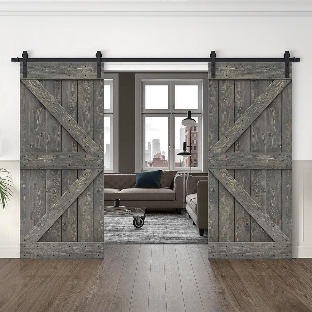 84 in Weather Gray Knotty Pine Wood Double Sliding Barn Door with Hardware Kit